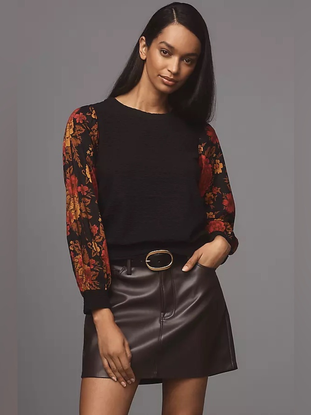 Anthropologie - Porridge Textured Lightweight Contrasting Floral Sleeve Blouse M